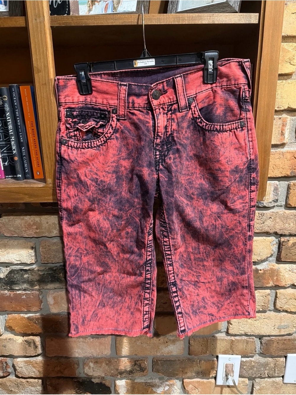 True Religion Sz 30 Acid-Wash Red Denim Shorts